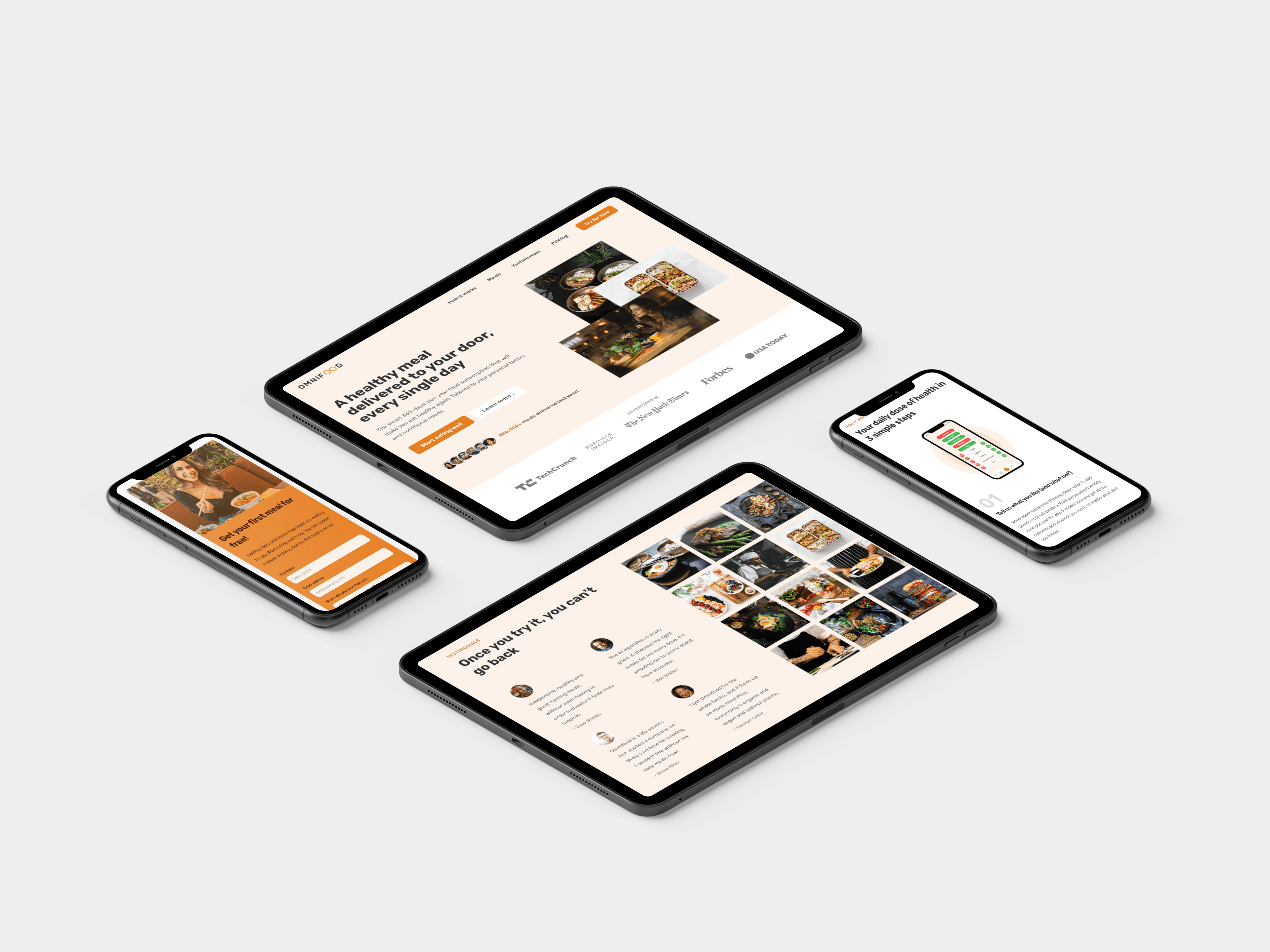 A group of devices showcasing the design of Omni Food website, arranged side by side for comparison.